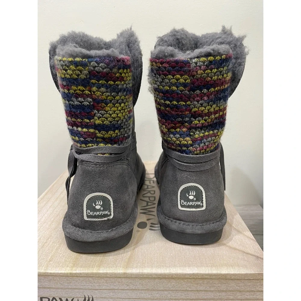 Bearpaw Maggie Charcoal Grey Suede Knit Back Winter Boots 2116W Womens 9